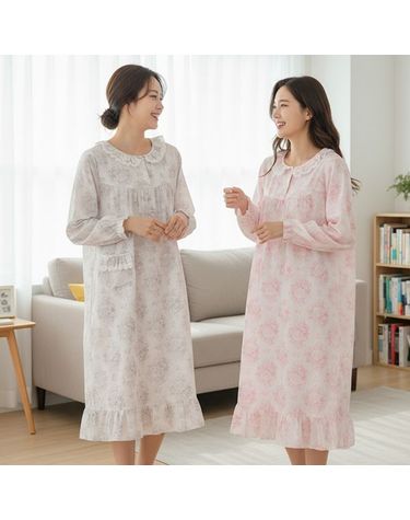 [보리보리] 1327 여성 긴팔 원피스 아사면  파자마 홈웨어 뜨왈패턴 국내산