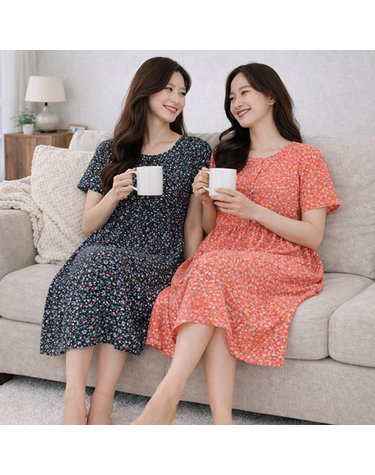 [보리보리] 1181 여성 파자마 잔꽃 인견원피스 잠옷 여름 홈웨어 국내산