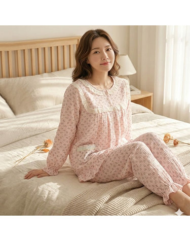 [보리보리] 2388 여성 거즈면 파자마 곰돌이 상하세트 홈웨어 면100 국내산