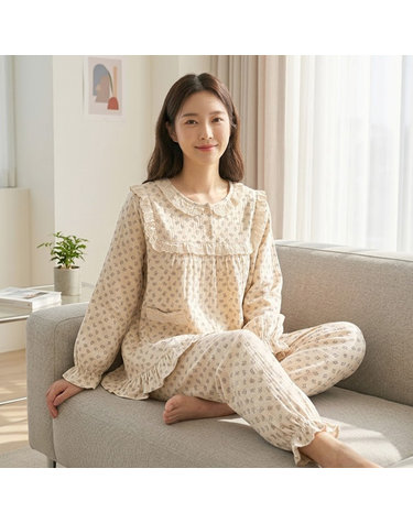 [보리보리]  여성 거즈면100 긴팔 파자마 상하세트 순면 잠옷 홈웨어 곰돌이잠옷 국내산 2388