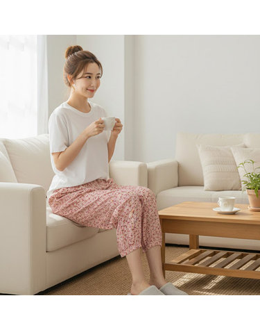[보리보리] 3222 여성 홈웨어 하의7부 파자마 잠옷 꽃무늬 항아리바지 국내산