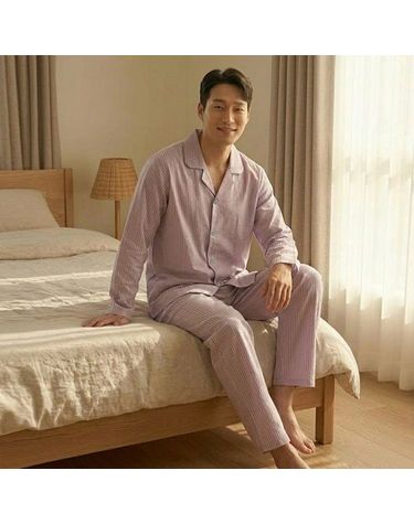 [보리보리] 1066 남성 스트라이프 카라 긴팔 파자마 상하세트 사계절 홈웨어 국내산 빅사이즈