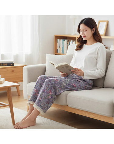 [보리보리] 4055 여성 플라워 기모파자마바지 하의9부 겨울홈웨어 국내산