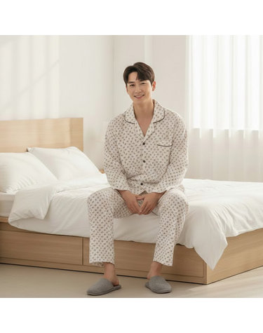 [보리보리] 3066 남성 거즈면 긴팔 파자마 곰돌이 상하세트 홈웨어 면100 국내산