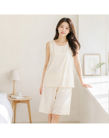[보리보리]  여성 파자마 펀칭자수 민소매파자마상하세트 면100  잠옷 여름 홈웨어 이너웨어 1번