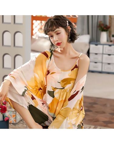 [보리보리] 나염플라워 로브잠옷 3종세트로브+캐미솔+팬츠