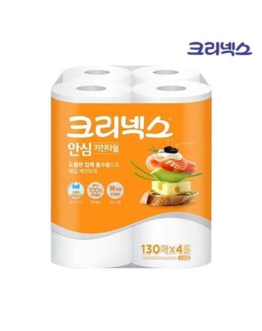 [보리보리] 크리넥스 도톰한 흡수 안심 키친타월 130매 x4롤 1팩
