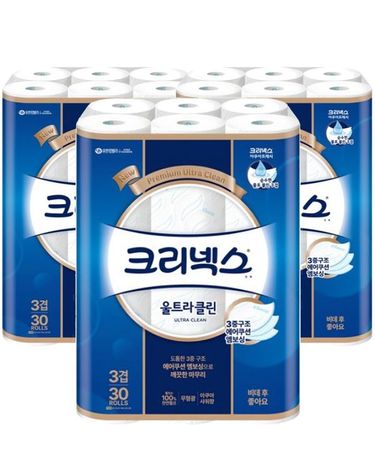 [보리보리] 크리넥스 울트라클린 엠보싱화장지 3겹 27M 30롤 x3개