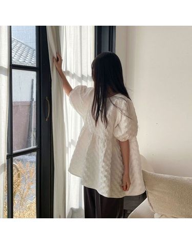 [보리보리] 자가드 퍼프 오버핏 셔링 빅사이즈 블라우스 티셔츠 F850
