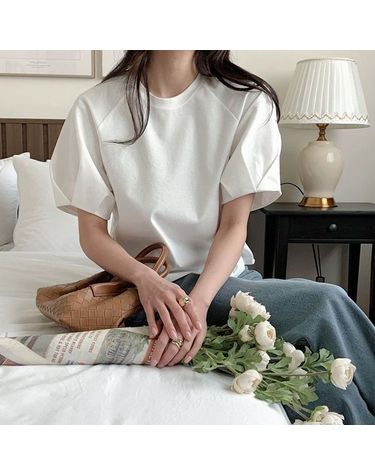[보리보리] 벌룬 퍼프 튤립 소매 반팔 티셔츠 블라우스 여리핏 코튼 티 Au211