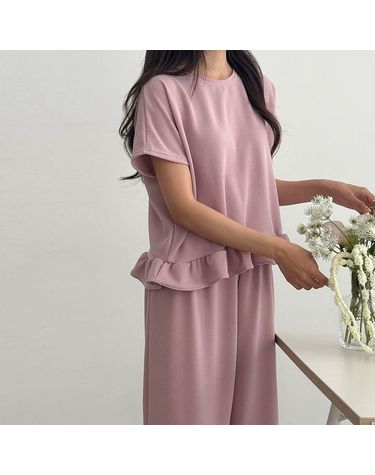 [보리보리] 프리티 프릴 반팔티 + 와이드 팬츠 세트 여름 빅사이즈 투피스 셋업 a125