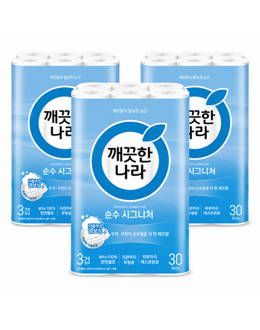 [보리보리] 깨끗한나라 3겹 엠보싱 순수 시그니처 28m 30롤 x3팩