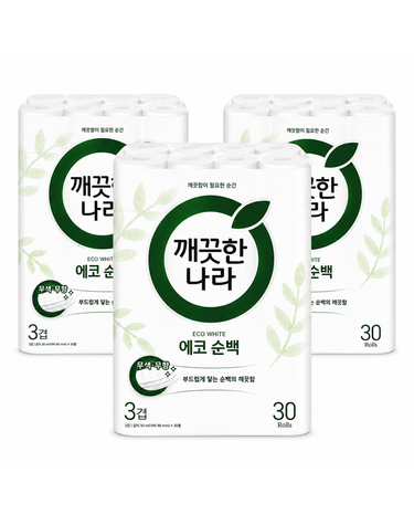 [보리보리] 깨끗한나라 3겹 데코 에코 순백 화장지 30m 30롤 x3팩