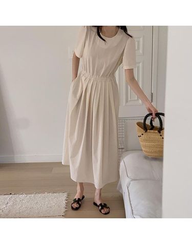 [보리보리] 사이드 허리 끈 플리츠 롱 원피스 나일론 바스락 임부복 TA002