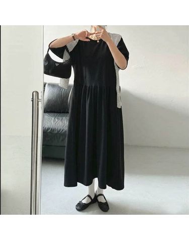 [보리보리] 빅사이즈 오버핏 플라이 롱 원피스 무지 심플 여름 임부복 F235