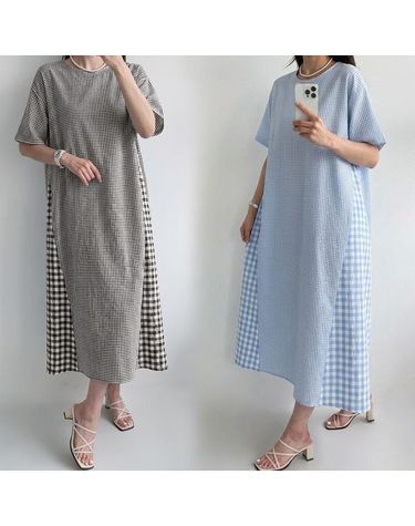 [보리보리] 지지미 체크 A라인 빅사이즈 롱 원피스 여름 오버핏 임부복 F276