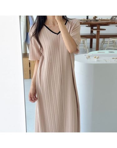[보리보리] 플리츠 배색 앞뒤 브이넥 롱 원피스 여름 오버핏 임부복 a120