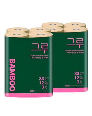 [보리보리] 그루 대나무 천연펄프 무표백 화장지 3겹 33M 12롤x2팩