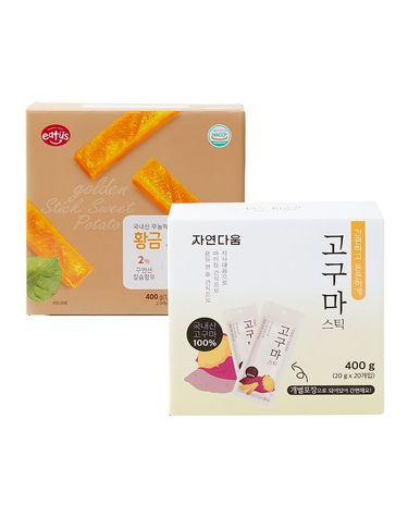 [보리보리] 간편하고 든든하게 고구마스틱 400g 1팩 + 무농약 고구마에 칼슘을 넣은 황금 고구마바 400g 1팩
