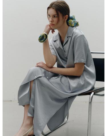 ILK LOOSEFIT V-NECK SHIRT DRESS [BLUE]