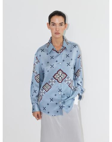 SILK SEMI OVERFIT BLOUSE[BLUE GRAY]