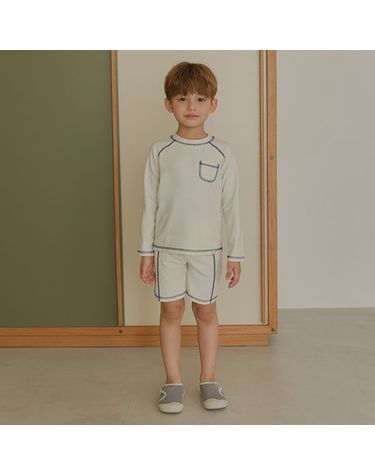 [보리보리] BAY-B 아동 라인포인트 블루 래쉬가드 상하의+수영모 세트