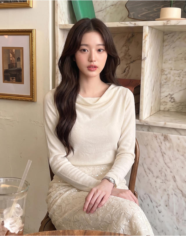 지에마르 DRAPE SHIRRING TEE IVORY 드레이프 셔링티 아이보리 착용컷