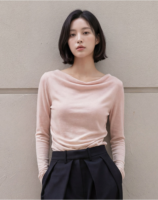 지에마르 DRAPE SHIRRING TEE PINK 드레이프 셔링티 핑크 착용컷