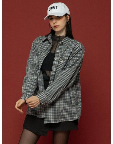 POCKET CHECK OVER LONG SHIRT Navy