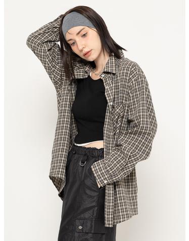 POCKET CHECK OVER LONG SHIRT BROWN