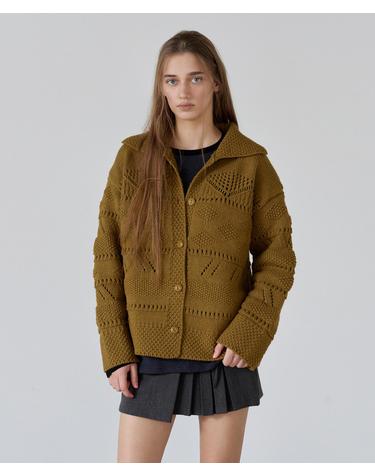 울블렌드 오버핏 펀칭 가디건 OLIVE KHAKI