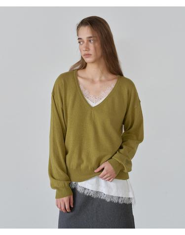 울 블렌드 딥 브이넥 니트 OLIVE