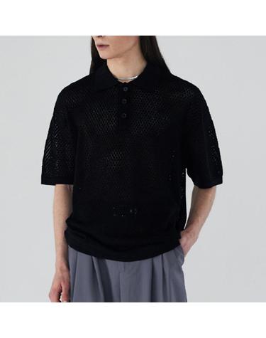 [가먼트레이블] 남성 Crochet Pique Knit Tee - Black (FGQECWA214M-W)