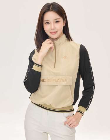 제이투제이 레터링 라인 반집업 방풍 티셔츠 베이지