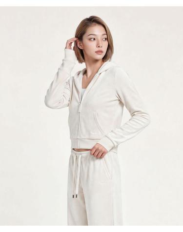 벨벳 슬림 세미 크롭 후드 집업 FMOT25AF_아이보리