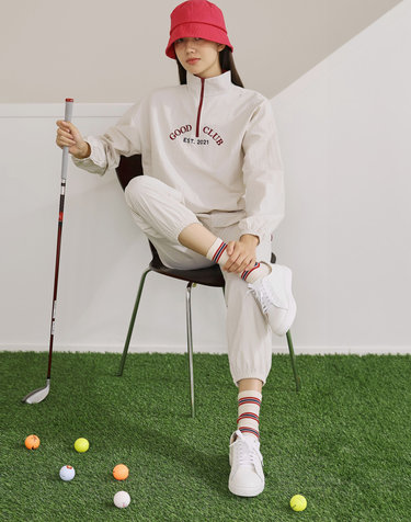 [SET]컬러 배색 자수 하프집업 아노락 스웨트셔츠 & 밴드 조거 골프 팬츠 set_4color