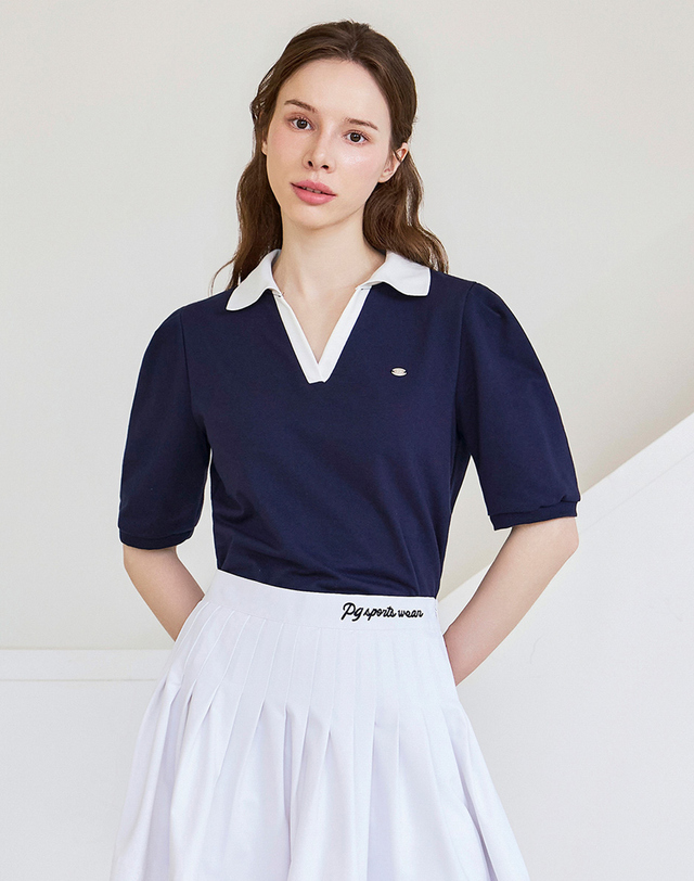쥬아르 골프 퍼프 슬리브 컬러 배색 카라 골프 티셔츠_3color 착용컷