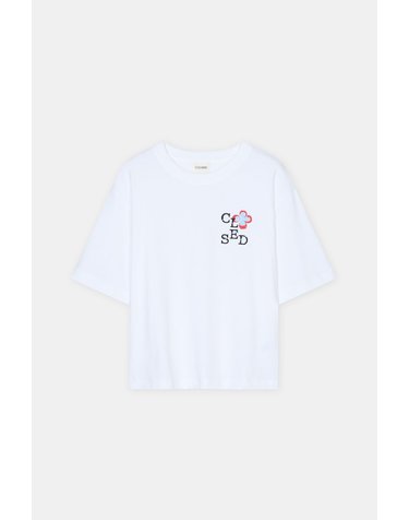 클로즈드 릴렉스핏 클로버 자수 반팔 티셔츠 C95208-44H-EM-200 WHITE