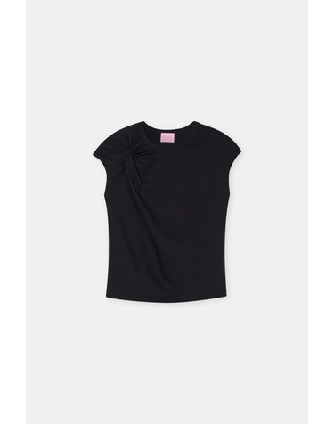 클로즈드 슬림핏 리본 라운드넥 캡소매 티셔츠 C95932-44H-EM-100 BLACK