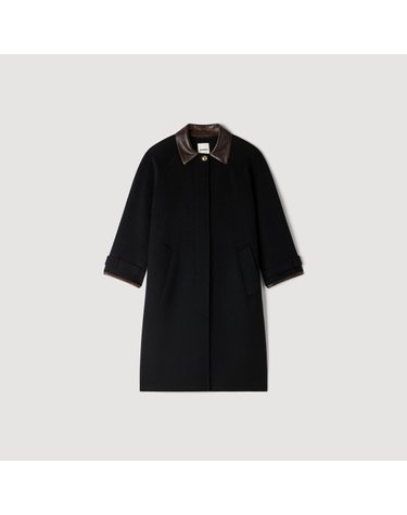 산드로 울 레더 카라 롱 코트 SFPOU00821_20 SCHWARZ