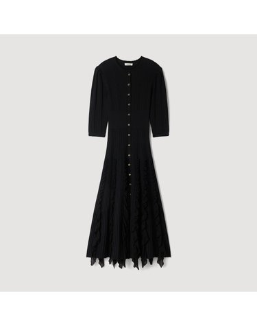산드로 러플 7부 소매 니트 롱 원피스 SFPRO04935_20 SCHWARZ