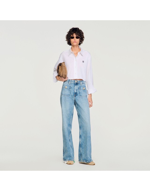 산드로 산드로 워시드 와이드 패치포켓 청바지 SFPJE00732_4785 JEANSBLAU 블루 착용컷