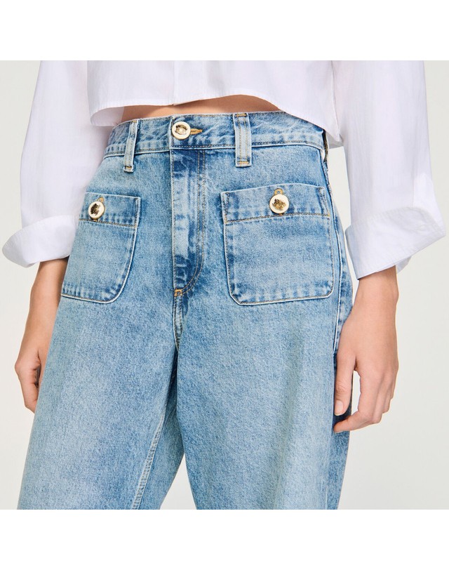 산드로 산드로 워시드 와이드 패치포켓 청바지 SFPJE00732_4785 JEANSBLAU 블루 착용컷