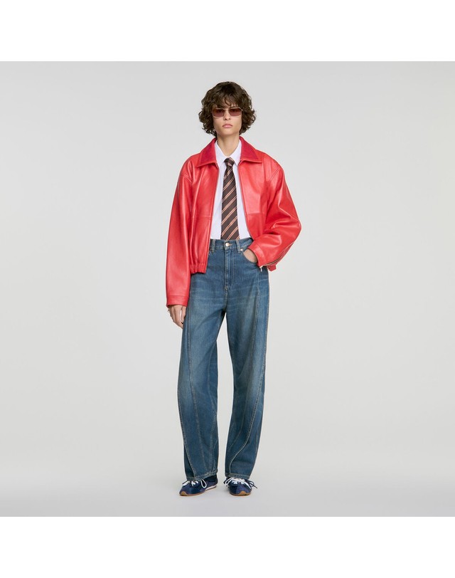 산드로 산드로 와이드 워시드 스티치 코튼 청바지 SFPJE00907_4785 JEANSBLAU 네이비 착용컷