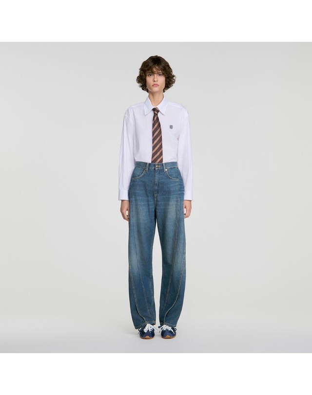 산드로 산드로 와이드 워시드 스티치 코튼 청바지 SFPJE00907_4785 JEANSBLAU 네이비 착용컷