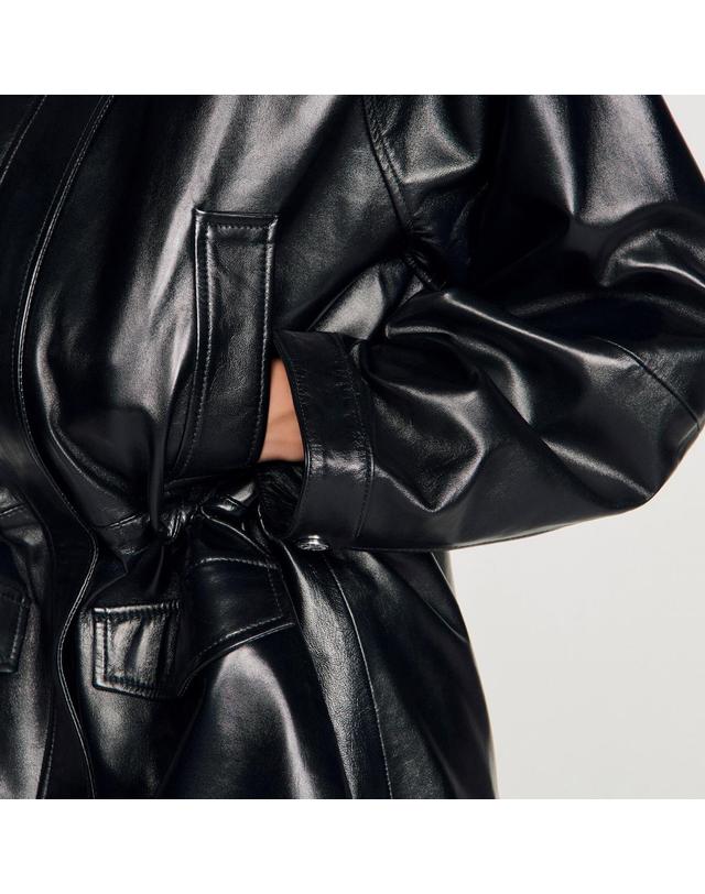 산드로 산드로 루즈핏 램스킨 레더 자켓 SFPBL01286_20 SCHWARZ 블랙 착용컷