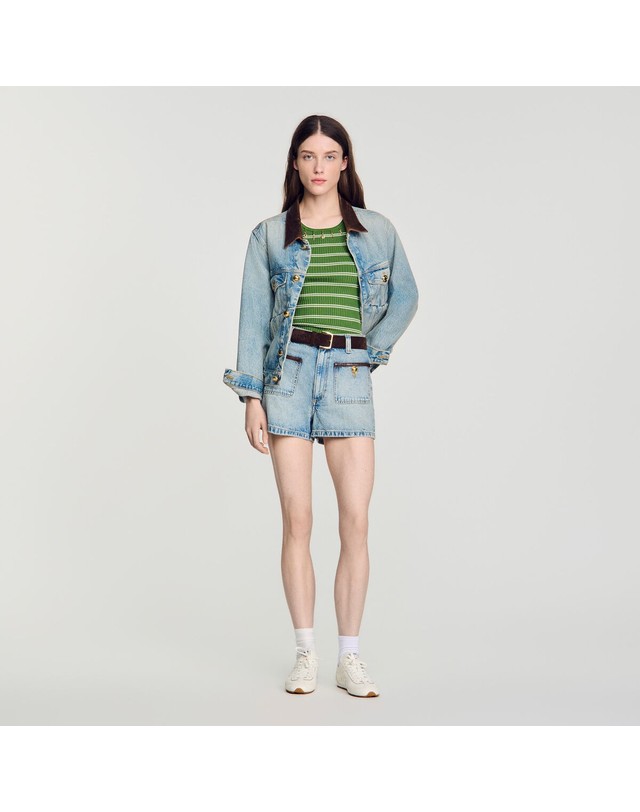 산드로 산드로 레더 디테일 데님 반바지 SFPSH00676_4785 JEANSBLAU 블루 착용컷