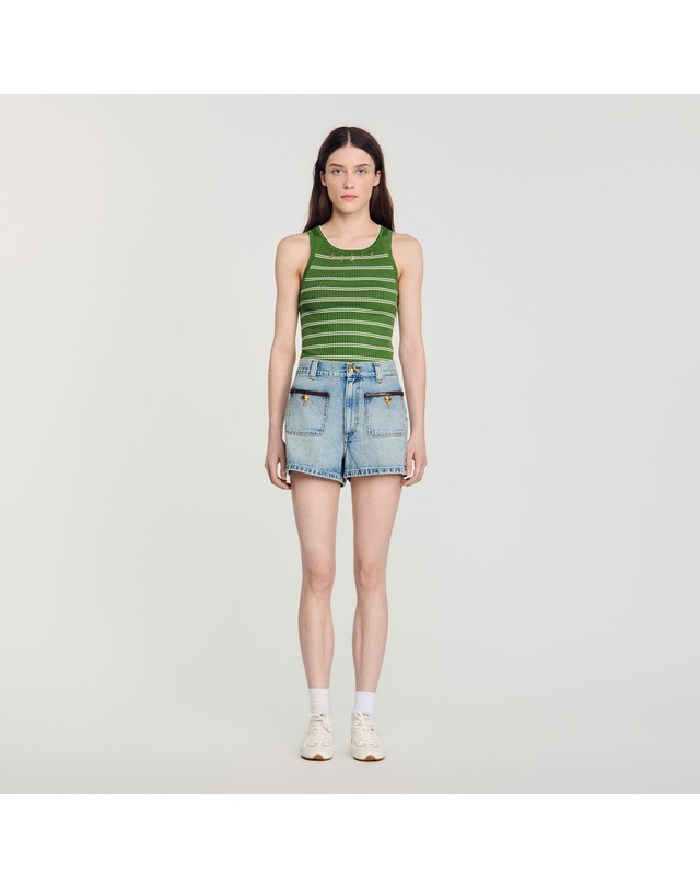 산드로 산드로 레더 디테일 데님 반바지 SFPSH00676_4785 JEANSBLAU 블루 착용컷