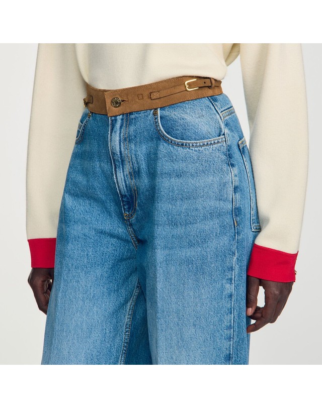 산드로 산드로 스트레이트 레더 벨트 청바지 SFPJE00863_4785 JEANSBLAU 블루 착용컷