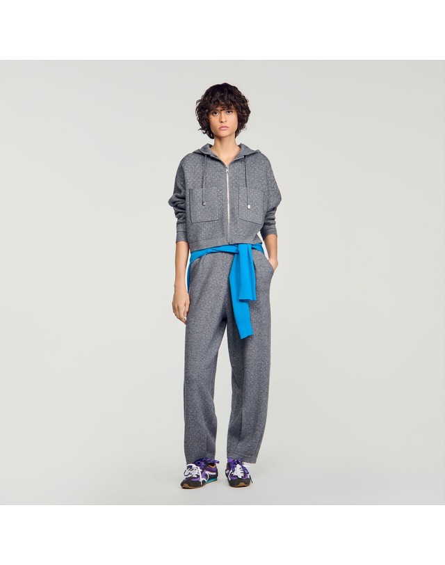 산드로 산드로 글리터 후드 집업 니트 가디건 SFPCA01502_24 GRAU 그레이 착용컷